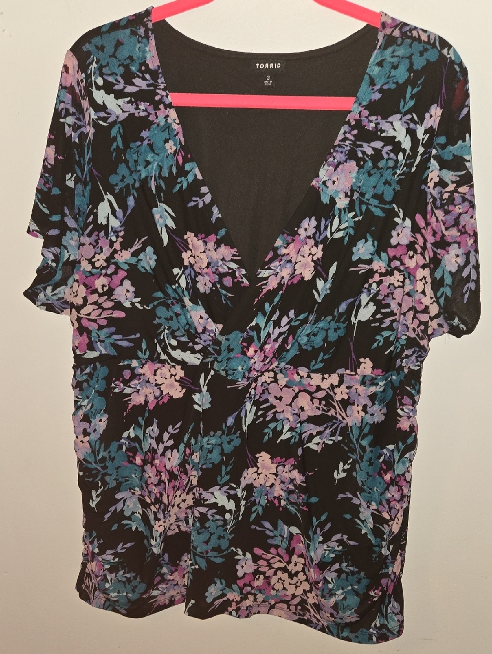 torrid Black Floral Surplice Blouse - Teal & Lavender Print
